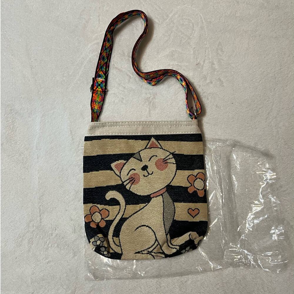 Knitted Canvas Cross Body Bag Tote Purse Vintage Embroidery Boho Style Bag Cat